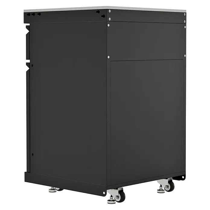 Kingstone Cube Outdoorküchen-Modul Basisschrank - Schwarz, B x T x H: 58 x 58 x 90 cm, Stahl, Sintered Stone - Schwarzer Werkzeugschrank mit Rollen. Der Schrank ist robust und hat eine praktische Tür für einfachen Zugriff auf Werkzeuge und Geräte.