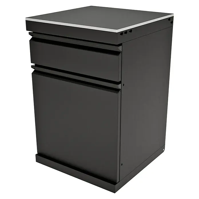 Kingstone Cube Outdoorküchen-Modul Basisschrank - Schwarz, B x T x H: 58 x 58 x 90 cm, Stahl, Sintered Stone - Schwarzer Werkzeugschrank mit zwei Schubladen und einer silbernen Arbeitsplatte für die Werkstatt oder Garage.