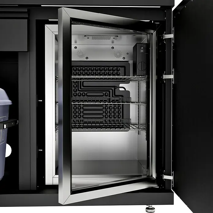 Kingstone Cube Outdoorküchen-Modul Spüle & Kühlschrank - Schwarz, B x T x H: 100 x 58 x 90 cm, Stahl, Edelstahl, Sintered Stone - Offener Getränkekühlschrank mit Edelstahlrahmen und Gitterböden, ideal für die Lagerung von Getränken in der Gastronomie oder im privaten Bereich.