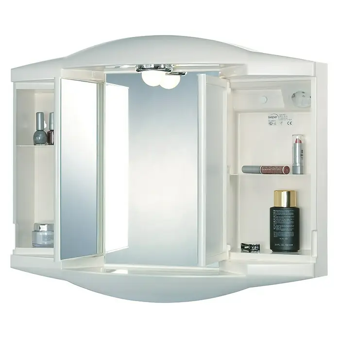 Sieper Spiegelschrank Chico GLB x H: 62 x 52,6 cm, Silber - Aufnahme eines beleuchteten Spiegelschranks mit Spiegeln, Regalen und Toilettenartikeln.