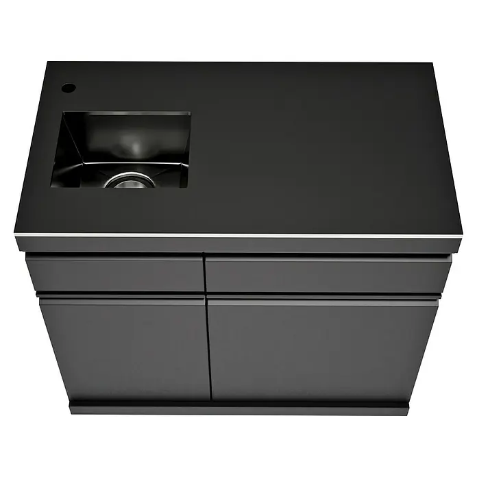 Kingstone Cube Outdoorküchen-Modul Spüle & Kühlschrank - Schwarz, B x T x H: 100 x 58 x 90 cm, Stahl, Edelstahl, Sintered Stone - Schwarzer Küchenunterschrank mit Spüle und Schubladen, moderne und stilvolle Ergänzung für jede Küche.
