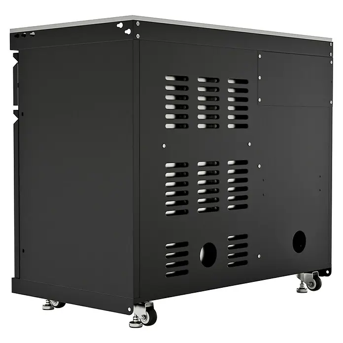 Kingstone Cube Outdoorküchen-Modul Spüle & Kühlschrank - Schwarz, B x T x H: 100 x 58 x 90 cm, Stahl, Edelstahl, Sintered Stone - Schwarzer Schrank auf Rädern mit Lüftungsschlitzen, ideal für Werkstatt oder Lager. Praktische Mobilität und robuste Bauweise.