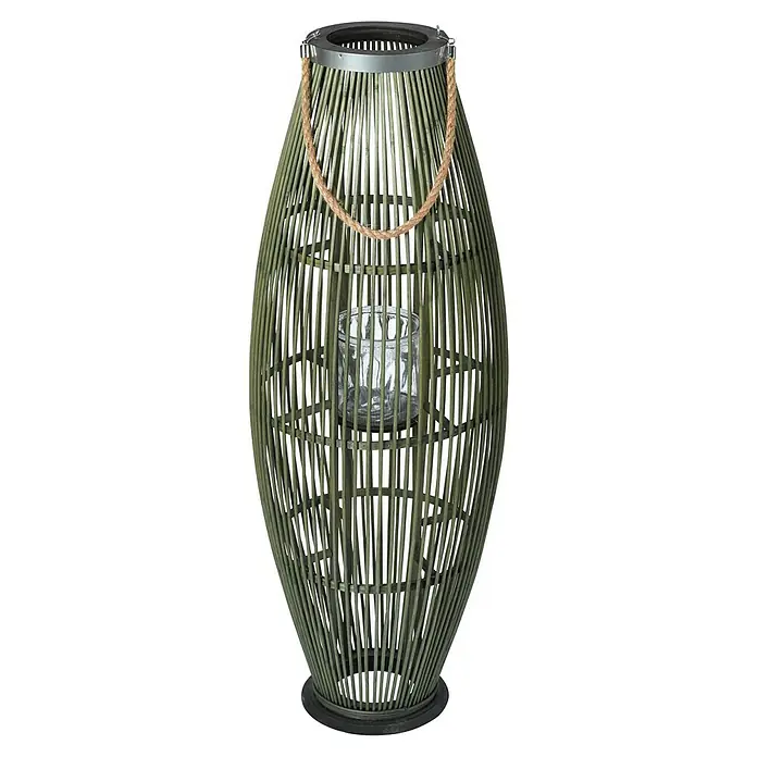 Laterne - L x B x H: 34 x 34 x 95 cm, Grün - Dekorative grüne Bambus Laterne mit Glaseinsatz und einem Seilgriff für gemütliche Beleuchtung im Innen- und Außenbereich.