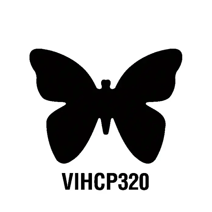 Artemio Perforadora gigante Butterfly - Mariposa, 5 x 5 cm - Silueta de mariposa negra con el texto "VIHCP320" debajo, ideal para decoración o como logotipo.