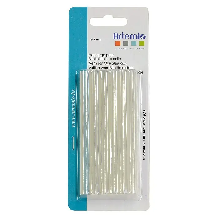 Artemio Barras termoadhesivas Glue - Incoloro, 12 ud. - Un paquete de recambios para mini pistola de pegamento Artemio, de 7 mm de diámetro y 100 mm de largo, 12 unidades por paquete.