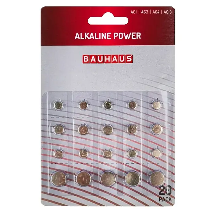 BAUHAUS Pila de botón AG1/AG3/AG4/AG13 pack 20 ud - 1,5 V, 20 ud. - Un paquete de pilas de botón Alkaline Power de Bauhaus, 20 unidades de diferentes tamaños (AG1, AG3, AG4, AG13) para varios dispositivos.