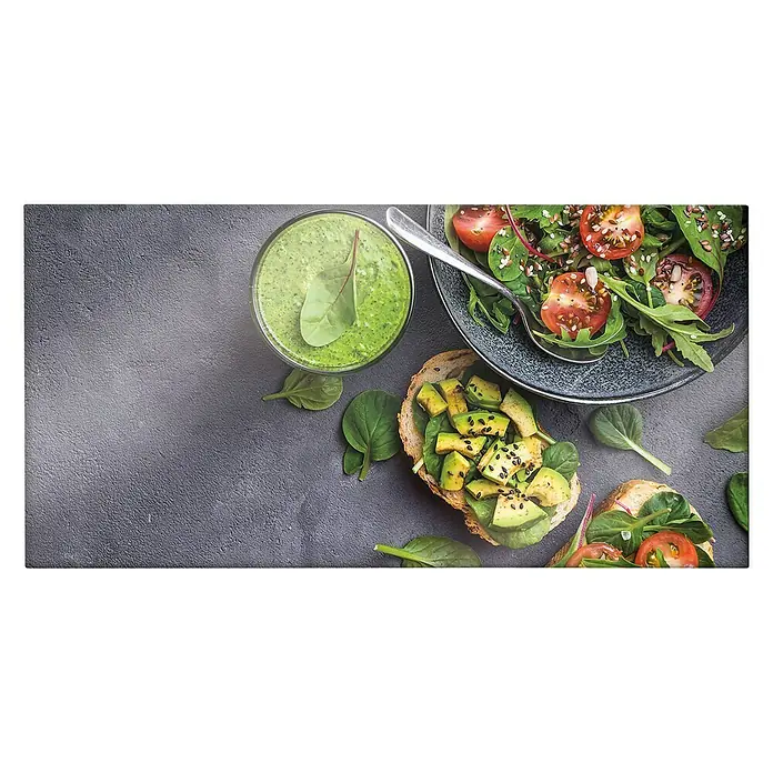 CUCINE Küchenrückwand - Fresh Avocado, 80 x 40 cm, Stärke: 6 mm, Einscheibensicherheitsglas (ESG) - Frische Mahlzeit mit Avocado-Toast, Salat mit Tomaten und einem grünen Smoothie, perfekt für eine gesunde und nahrhafte Ernährung.