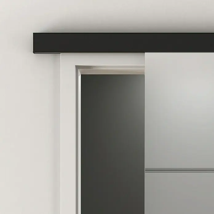 Diamond Doors Abstands-Set Jubidoor 411 - Schwarz, 1.900 x 185 x 51 mm, Passend für: Diamond Doors Schiebetür-Komplettset Jubidoor 6.1 - Elegante Schiebetür in Weiß mit dunklen Akzenten. Die Tür bietet ein modernes Design und ist ideal für stilvolle Innenräume.