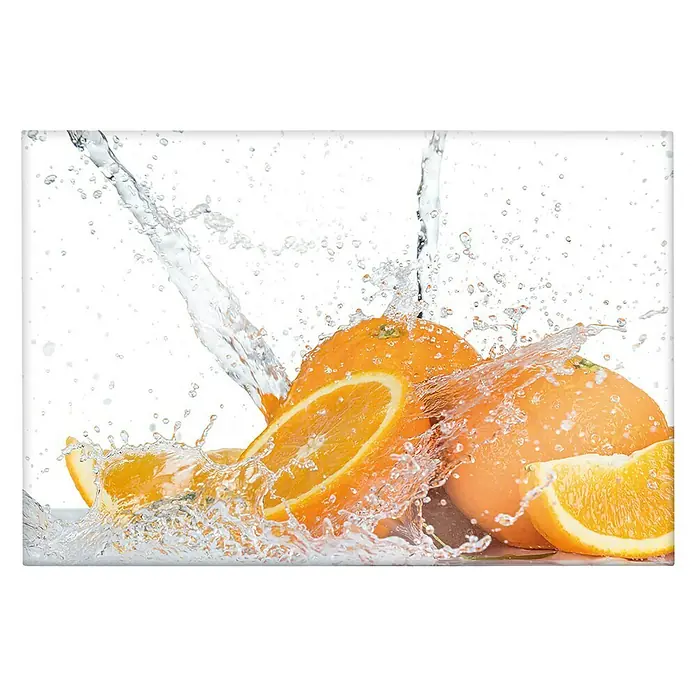 CUCINE KüchenrückwandOrange Splash, 60 x 40 cm, Stärke: 6 mm, Einscheibensicherheitsglas (ESG) - Das Foto zeigt Orangen, die mit Wasser bespritzt werden und eine erfrischende und belebende Szene erzeugen. Die leuchtenden Farben und dynamischen Spritzer sind ein Blickfang.