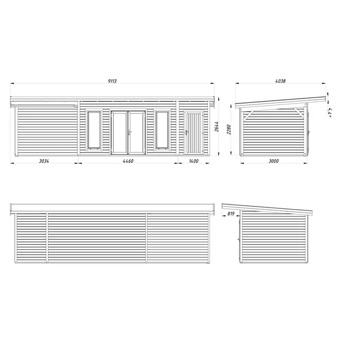 Palmako Gartenhaus Aurelia - Außenmaß inkl. Dachüberstand (B x T): 911 x 404 cm, Holz, Natur unbehandelt, Inklusive überdachtem Freisitz und Abstellraum mit separatem Zugang - Technische Zeichnung eines Holzhauses mit Maßen. Das Haus hat Fenster, Türen und ein geneigtes Dach. Die Maße sind detailliert angegeben.
