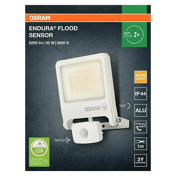 Osram Proyector LED Endura Flood - 50 W, Blanco, Blanco cálido, IP44 - Imagen del foco para exteriores OSRAM Endura Flood Sensor con 5250 lm, 50 W y 3000 K, con sensor de movimiento y aluminio reciclado.