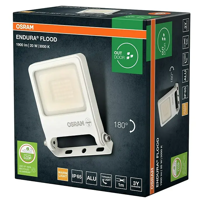 Osram LED-Strahler Endura Flood - 20 W, Weiß, Warmweiß, IP65 - Das Osram Endura Flood LED-Flutlicht mit 1900 Lumen, 20 Watt und 3000 K, ideal für den Außenbereich, mit dreijähriger Garantie.