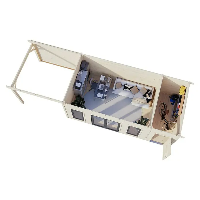 Palmako Gartenhaus Aurelia - Außenmaß inkl. Dachüberstand (B x T): 911 x 404 cm, Holz, Grau, Inklusive überdachtem Freisitz und Abstellraum mit separatem Zugang - Ansicht des Innenraums eines Holzhauses mit Büro, Wohnzimmer und Stauraum, die Vielseitigkeit und Design hervorhebt.