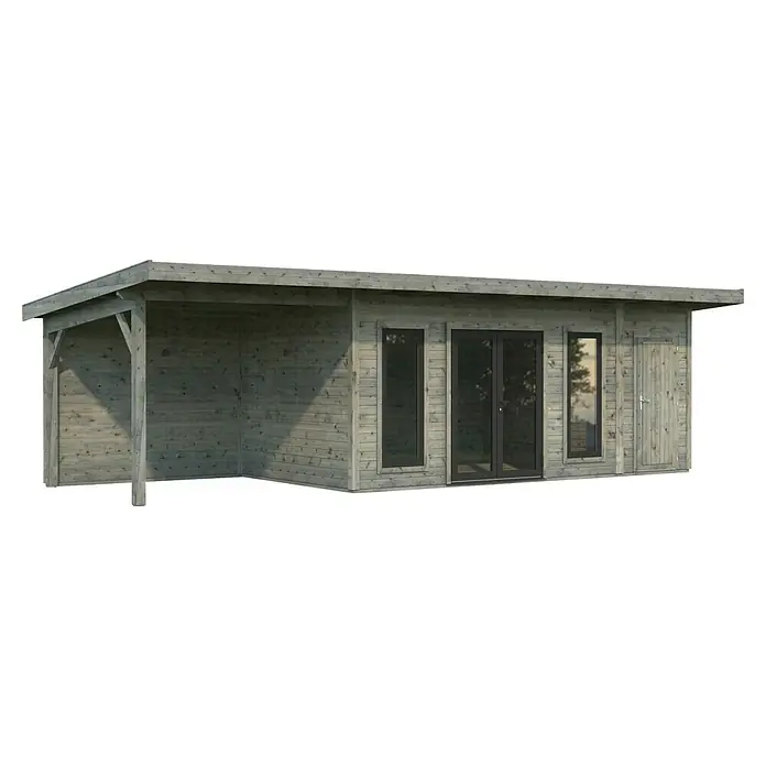 Palmako Gartenhaus Aurelia - Außenmaß inkl. Dachüberstand (B x T): 911 x 404 cm, Holz, Grau, Inklusive überdachtem Freisitz und Abstellraum mit separatem Zugang - Abbildung eines modernen Gartenhauses mit überdachter Veranda, ideal für Entspannung im Freien und als stilvoller Rückzugsort im Garten.