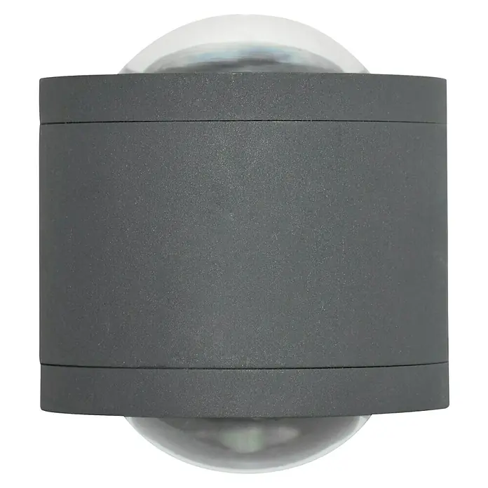 Starlux LED-Außenwandleuchte Fano - 10 W, 12 x 9 x 10,5 cm, Anthrazit, IP54 - Nahaufnahme einer grauen Wandleuchte mit zwei Lichtpunkten, die ein modernes und minimalistisches Design zeigt, ideal für den Außenbereich.