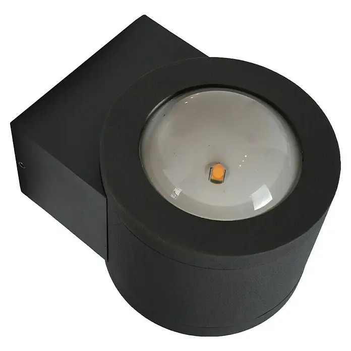 Starlux LED-Außenwandleuchte Fano - 10 W, 12 x 9 x 10,5 cm, Anthrazit, IP54 - Eine Nahaufnahme einer schwarzen LED-Wandleuchte mit rundem Design und matter Oberfläche. Die Leuchte strahlt ein warmes, einladendes Licht aus.