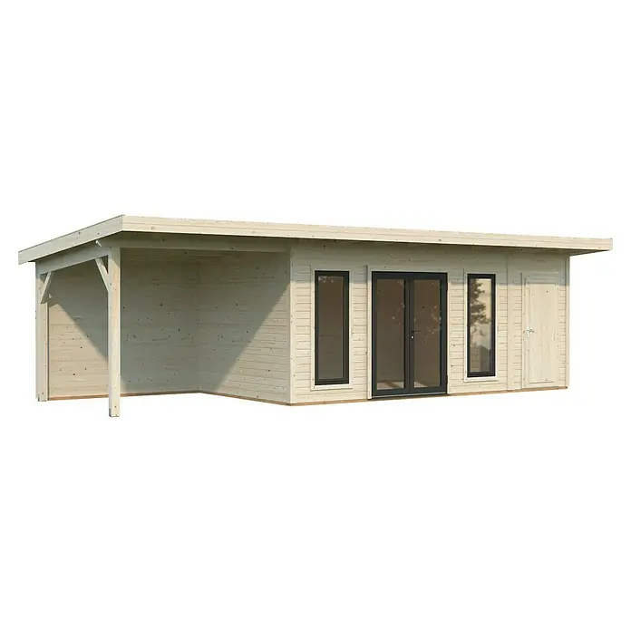 Palmako Gartenhaus Aurelia - Außenmaß inkl. Dachüberstand (B x T): 911 x 404 cm, Holz, Grau, Inklusive überdachtem Freisitz und Abstellraum mit separatem Zugang - Blockbohlenhaus mit großem überdachtem Terrassenbereich, ideal für Garten oder als komfortables Wochenendhaus.