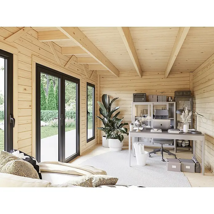 Palmako Gartenhaus Aurelia - Außenmaß inkl. Dachüberstand (B x T): 911 x 404 cm, Holz, Natur unbehandelt, Inklusive überdachtem Freisitz und Abstellraum mit separatem Zugang - Ein helles, modernes Homeoffice mit einem stilvollen Schreibtisch, Regalen und viel natürlichem Licht durch die großen Fenster.