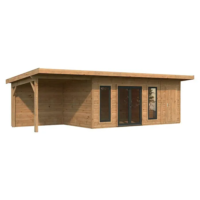Palmako Gartenhaus Aurelia - Außenmaß inkl. Dachüberstand (B x T): 911 x 404 cm, Holz, Hellbraun, Inklusive überdachtem Freisitz und Abstellraum mit separatem Zugang - Abbildung eines Holzgartenhauses mit überdachter Veranda, Fenstern und Doppeltür. Ideal für zusätzlichen Wohnraum im Freien.