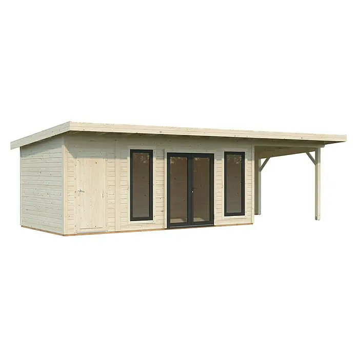 Palmako Gartenhaus Aurelia - Außenmaß inkl. Dachüberstand (B x T): 911 x 404 cm, Holz, Grau, Inklusive überdachtem Freisitz und Abstellraum mit separatem Zugang - Helles Holzgartenhaus mit Fenstern und Doppeltür, das modernes Design und natürliche Materialien für den Garten vereint.