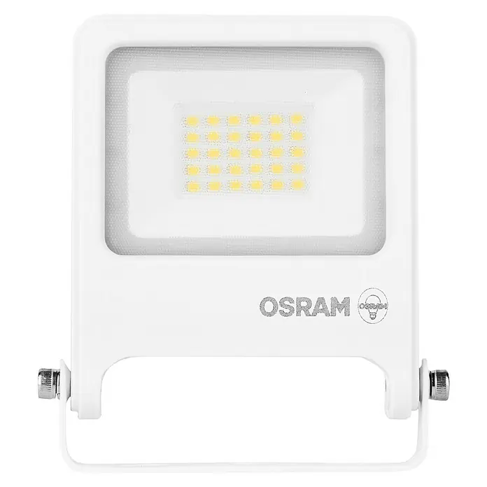 Osram LED-Strahler Endura Flood - 20 W, Weiß, Warmweiß, IP65 - Eine Nahaufnahme eines weißen LED-Strahlers der Marke OSRAM, der für den Außenbereich geeignet ist, mit sichtbaren LEDs und Befestigungselementen.
