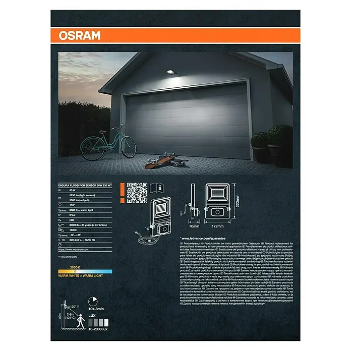 Osram Proyector LED Endura Flood - 50 W, Blanco, Blanco cálido, IP44 - Osram Endura Flood PCR Sensor 50W 830 WT: Reflector LED para exteriores con sensor de movimiento para fachada y jardín.
