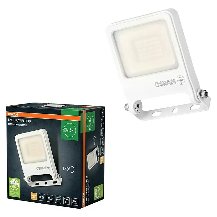 Osram LED-Strahler Endura Flood - 20 W, Weiß, Warmweiß, IP65 - Das Bild zeigt einen OSRAM Endura Fluter, ideal für den Außenbereich, mit 1900 lm, 20 W und 3000 K, neben seiner Verpackung.
