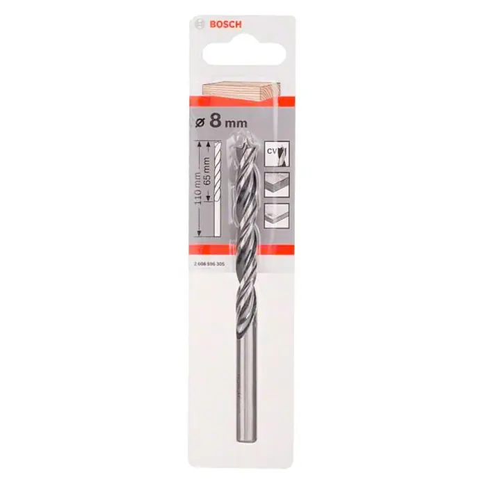 Bosch Broca para madera en espiral - 1 ud., Diámetro de la broca: 8 mm - Broca para madera Bosch de 8 mm en su embalaje original. La broca está diseñada para trabajos de madera precisos y promete agujeros limpios.