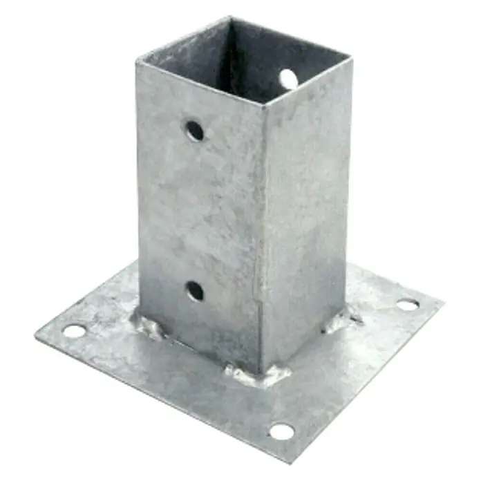 Faura Base para poste - Plateado, Apto para: Trabajar en el jardín - Soporte de poste metálico con base cuadrada y agujeros para montaje. Ideal para construir cercas o cocheras.