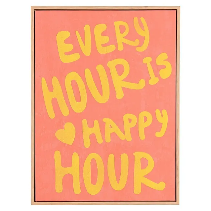 Bild - Hour, B x H: 30 x 40 cm - Gerahmtes Kunstwerk mit der Aufschrift "Every Hour is Happy Hour" in gelber Schrift auf korallenrotem Hintergrund.