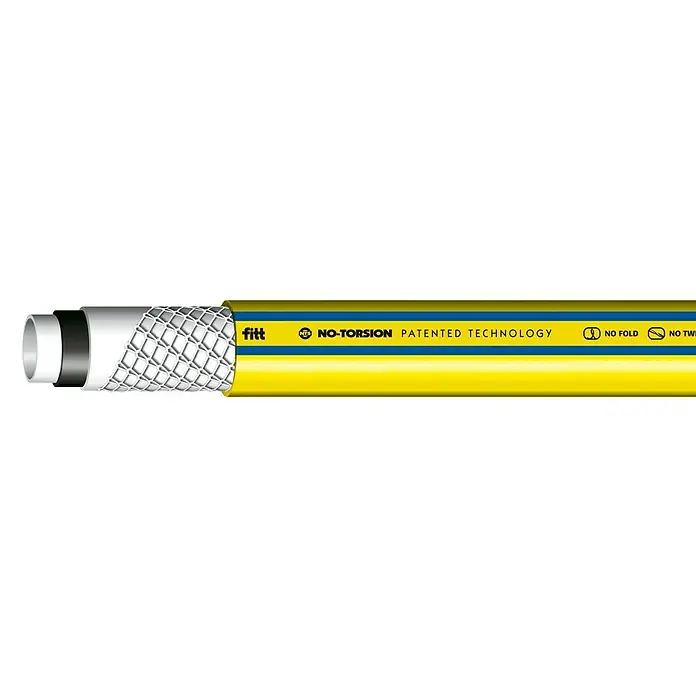 Fitt Manguera para jardín a metros NTS White Plus - Diámetro: 19 mm - Primer plano de una manguera de jardín amarilla de Fitt con tecnología No-Torsion, conocida por su diseño sin torsiones ni dobleces.