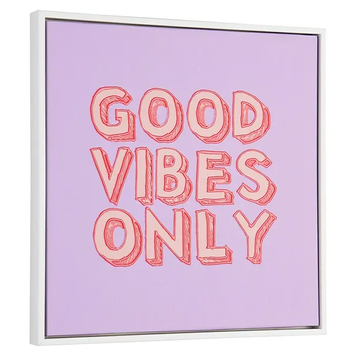 Bild - Good Vibes Only, B x H: 30 x 30 cm - Quadratisches gerahmtes Bild mit dem Text "Good Vibes Only" auf lila Hintergrund, eine dekorative Wandkunst für positive Botschaften.