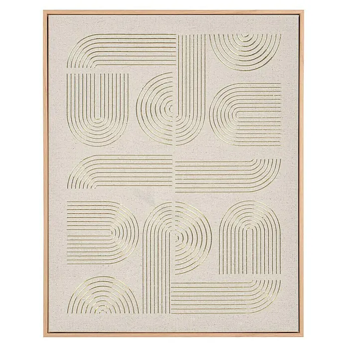 Bild - Norma II, B x H: 40 x 50 cm - Nahaufnahme eines gerahmten Kunstwerks mit abstrakten goldenen Linien auf beigem Hintergrund, das eine moderne und elegante Note verleiht.