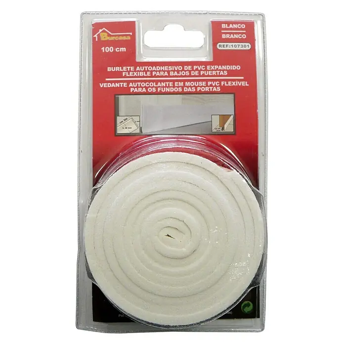 Junta para puerta PVC expandido - Blanco, Largo: 1 m - Rollo de burlete autoadhesivo para bajos de puertas, hecho de espuma de PVC flexible, en color blanco, de 100 cm de largo.
