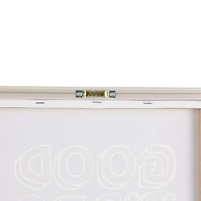 Bild - Good Vibes Only, B x H: 30 x 30 cm - Rückseite einer Leinwand mit Zackenaufhänger in der Mitte und Text-Umrisse.