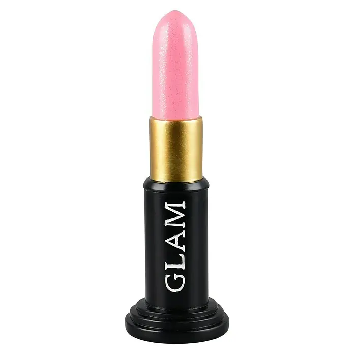 Dekofigur Gloss - L x B x H: 10 x 10 x 30,7 cm, Rosa, Kunststoff - Glam Lippenstift mit rosa Farbton, verpackt in einer eleganten schwarzen Hülle mit goldenen Akzenten und einem verspielten Schriftzug.