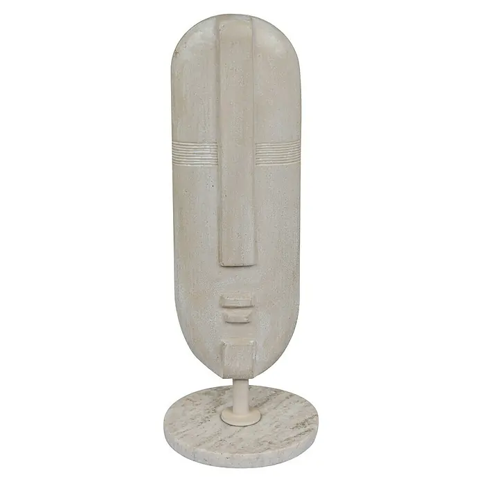 Dekofigur Ahyv - L x B x H: 13 x 13 x 37 cm, Beige, Metall - Die abstrakte Skulptur eines Gesichts aus beigem Steinimitat steht auf einem runden Sockel, ideal als Deko für moderne Innenräume.