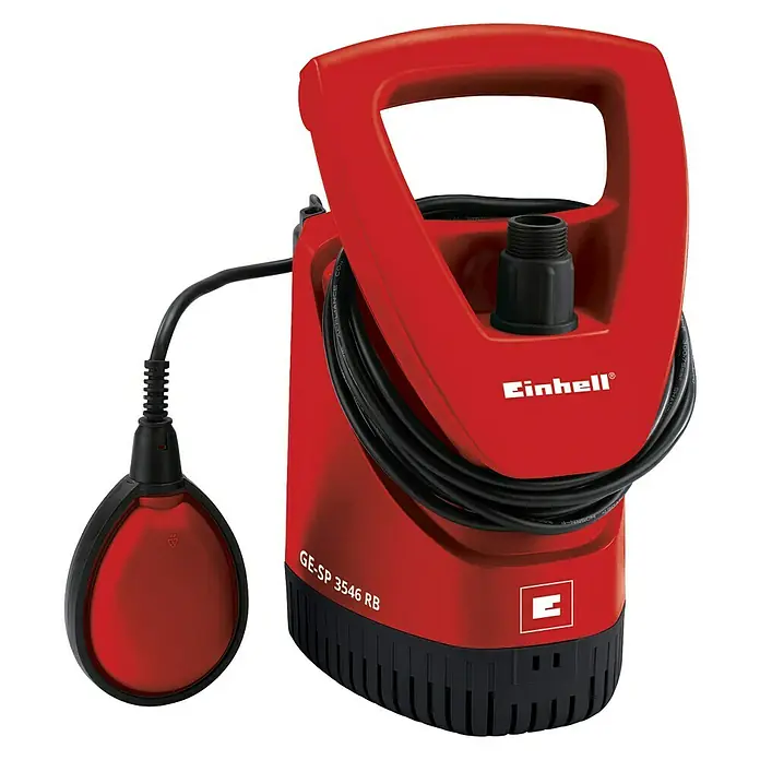 Einhell Regenfasspumpe GE-SP 3546 RB - Leistung: 350 W, Max. Fördermenge: 4.600 l/h - Abbildung einer roten Einhell GE-SP 3546 RB Schmutzwasserpumpe mit Schwimmerschalter und schwarzem Kabel.