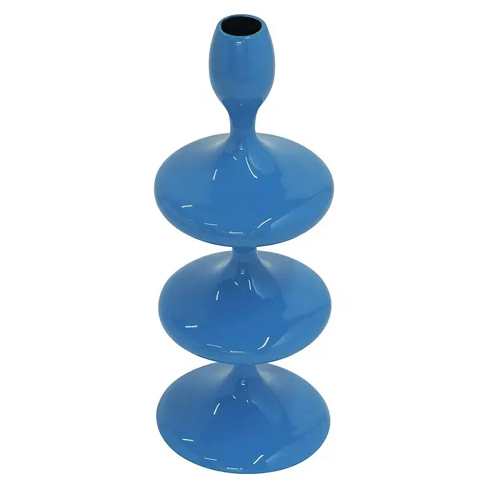 Kerzenhalter Laureen - Ø x H: 11 x 28 cm, Blau, Metall - Blaue Keramikvase mit einzigartigem Design, bestehend aus drei kugelförmigen Elementen und einem zylindrischen Hals. Dekorative Kunst für Ihr Zuhause.