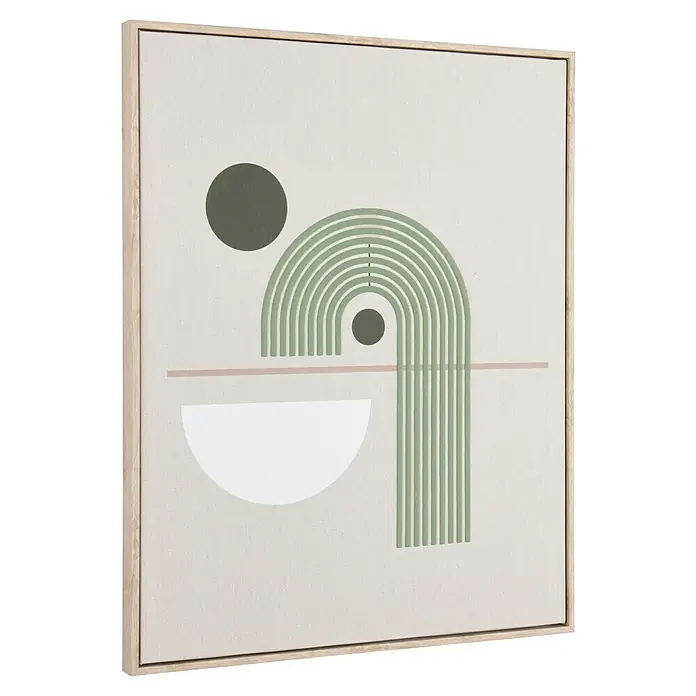 Bild - Norma IV, B x H: 40 x 50 cm - Ein gerahmtes Bild mit abstrakten Formen wie Kreisen, Bögen und einer horizontalen Linie in sanften Farben. Das Kunstwerk verleiht jedem Raum eine moderne Note.