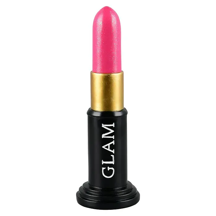 Dekofigur Gloss - L x B x H: 10 x 10 x 30,7 cm, Pink, Kunststoff - Nahaufnahme eines GLAM-Lippenstifts in Pink mit goldener Hülse und schwarzem Sockel, ideal für glamouröse Make-up-Looks.
