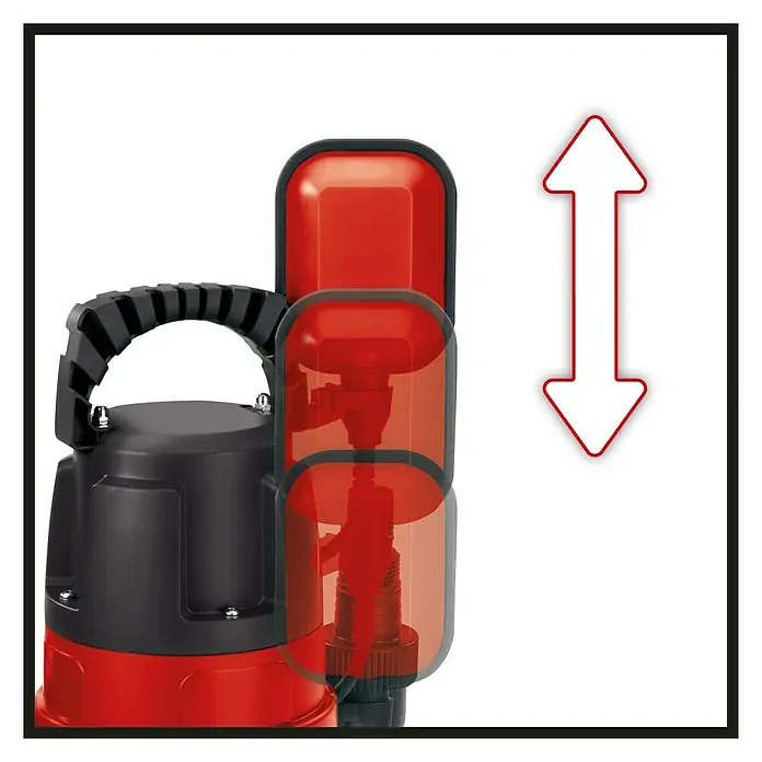 Einhell Schmutzwasserpumpe GC-DP 7835 - 780 W, Max. Fördermenge: 15.700 l/h, Eintauchtiefe: 7 m - Darstellung einer Tauchpumpe mit einem roten Schwimmer, der die Auf- und Abwärtsbewegung des Wasserstandes anzeigt.