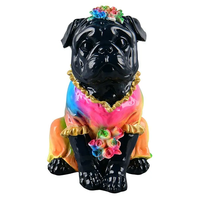 Dekofigur - Dogge Wilson, L x B x H: 20,5 x 13,5 x 22 cm, Keramik - Eine farbenfrohe Pug-Statue, die mit Blumen geschmückt ist, verleiht jedem Raum einen Hauch von Verspieltheit und Kunst.