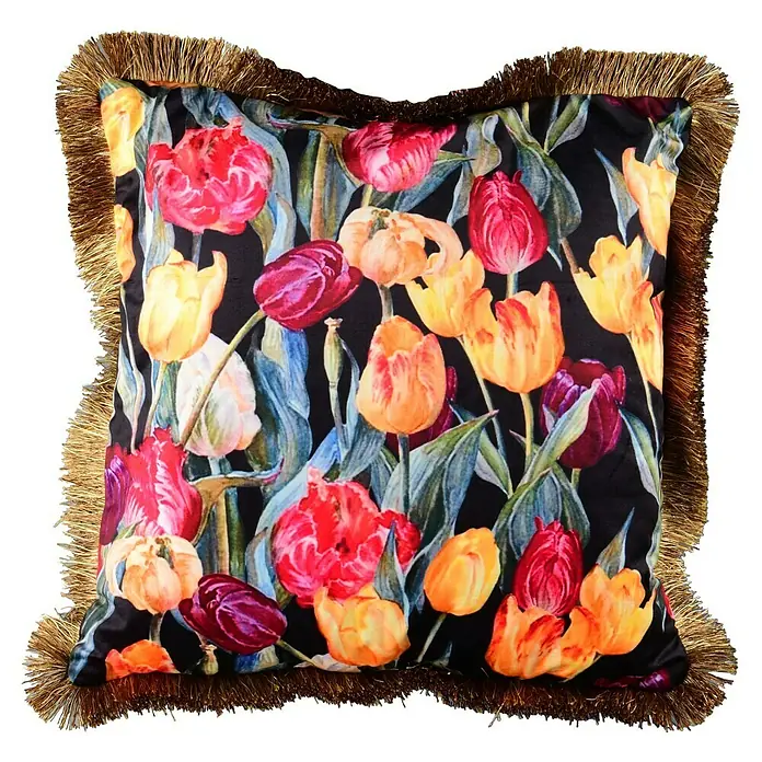 Kissen Elona - Blumen, 45 x 45 cm, 100 % Polyester - Quadratisches Kissen mit floralem Tulpenmuster in leuchtenden Farben und goldfarbenen Fransen für eine stilvolle Dekoration.