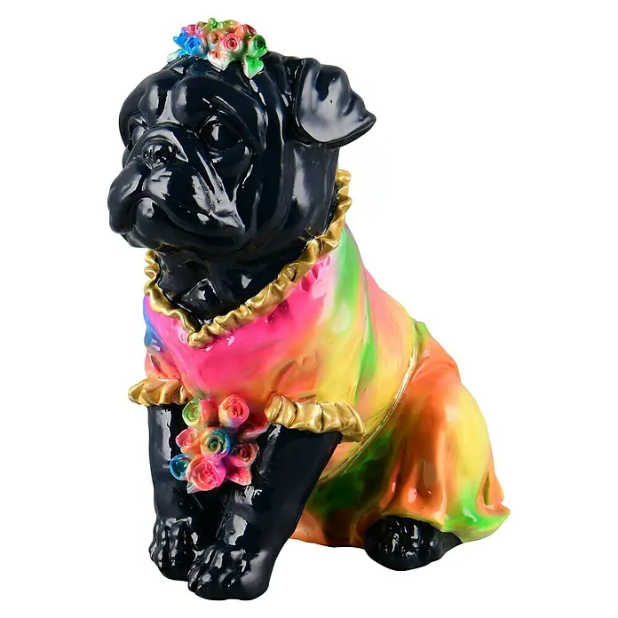Dekofigur - Dogge Wilson, L x B x H: 20,5 x 13,5 x 22 cm, Keramik - Diese auffällige Pug-Statue in Schwarz mit farbenfroher Robe ist ein echter Hingucker.