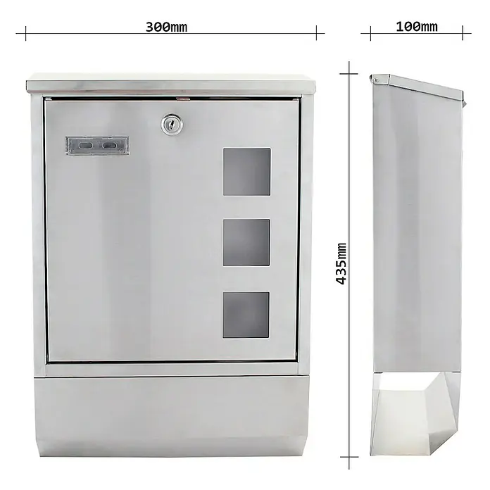 Rottner Wandbriefkasten Corto Inox - L x B x H: 43,5 x 30 x 10 cm, Silber, Edelstahl, Zeitungsfach - Das Bild zeigt einen modernen Briefkasten aus Edelstahl mit Maßen von 300 mm Breite, 435 mm Höhe und 100 mm Tiefe.