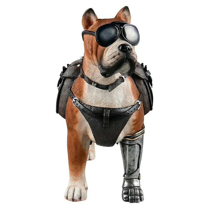 Dekofigur Frankie - L x B x H: 32 x 16,5 x 36 cm, Braun, Kunststoff - Darstellung eines Pitbulls mit cooler Sonnenbrille, Lederweste und Cyberpunk-Beinprothese.