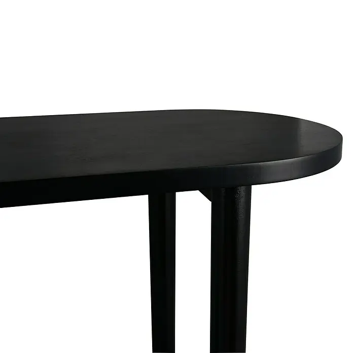 Konsolentisch Acta - Holz, Schwarz, L x B: 110 x 35 cm - Nahaufnahme eines schwarzen runden Tisches mit schlanken Beinen auf schwarzem Hintergrund.