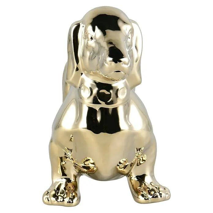 Dekofigur - Dackel Max, L x B x H: 36 x 14 x 21 cm, Keramik - Nahaufnahme einer goldenen Dackel-Dekofigur mit glänzender Oberfläche und detaillierten Pfotenakzenten.