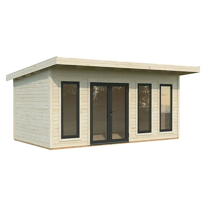 Palmako Gartenhaus Aurelia - Außenmaß inkl. Dachüberstand (B x T): 574 x 404 cm, Holz, Grau - Dieses Bild zeigt ein modernes Gartenhaus mit Flachdach, großen Fenstern und einer Doppeltür. Das Haus ist aus hellem Holz gefertigt.